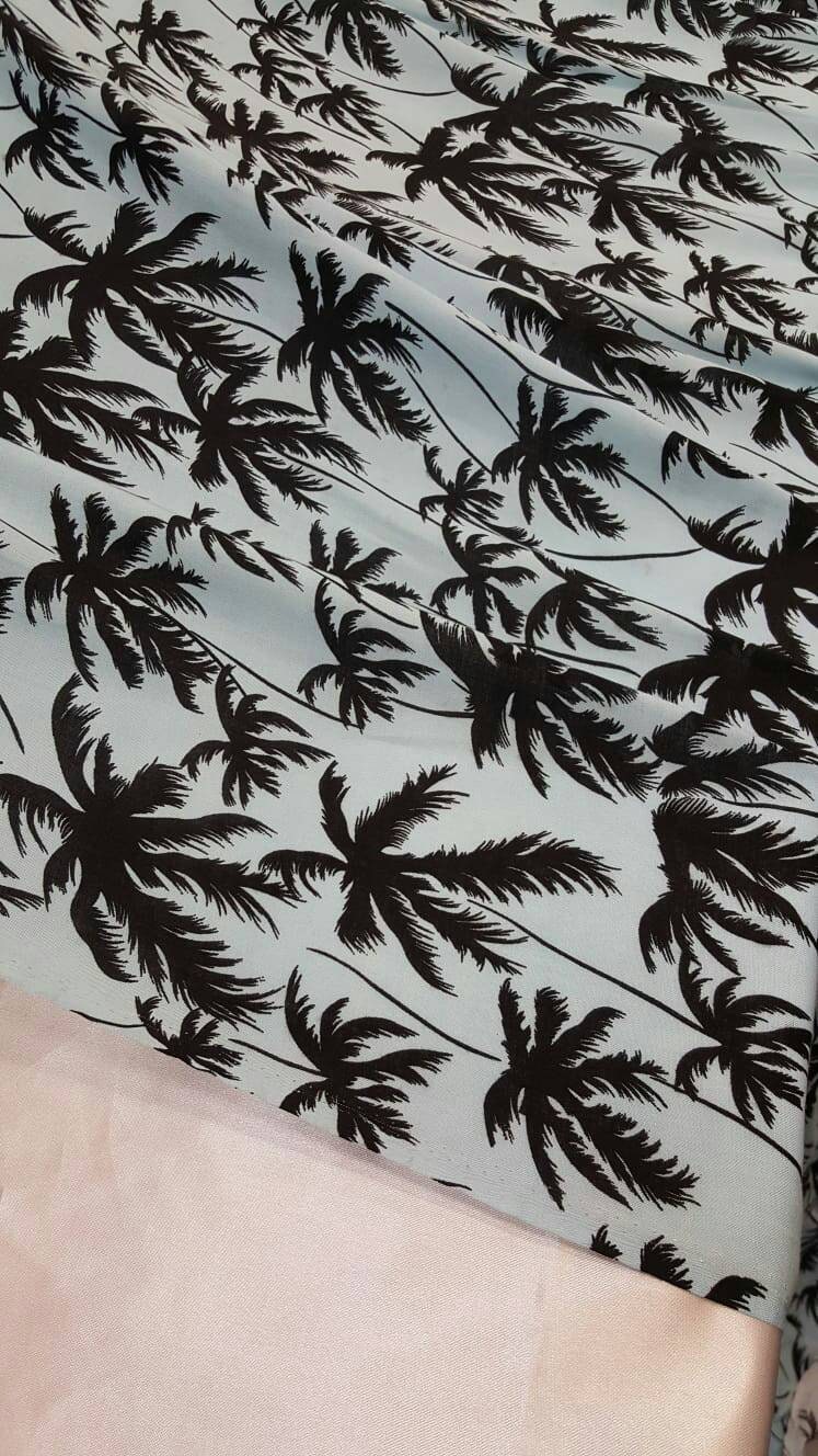 Rayon Challis Black Palm Tree on Baby Blue Background