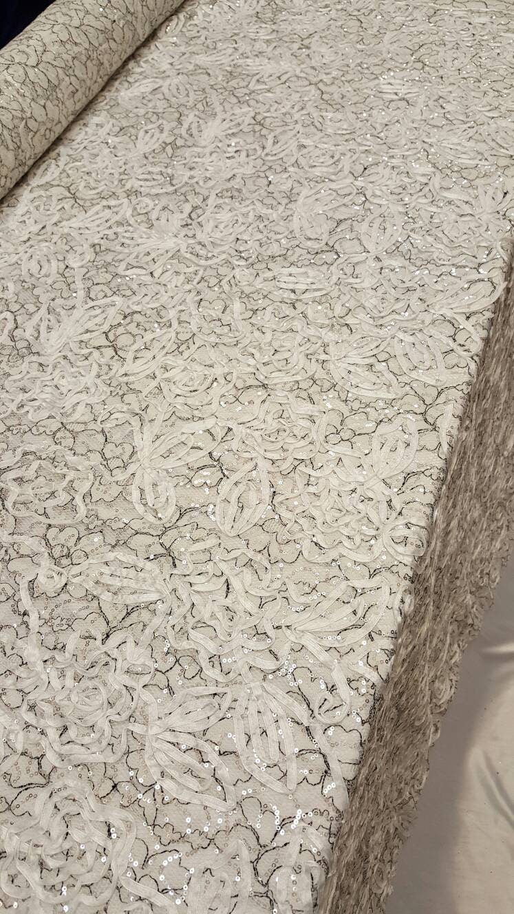 Embroidered Sequin Mesh Fabric White Black Silver