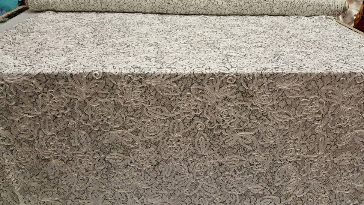 Embroidered Sequin Mesh Fabric White Black Silver