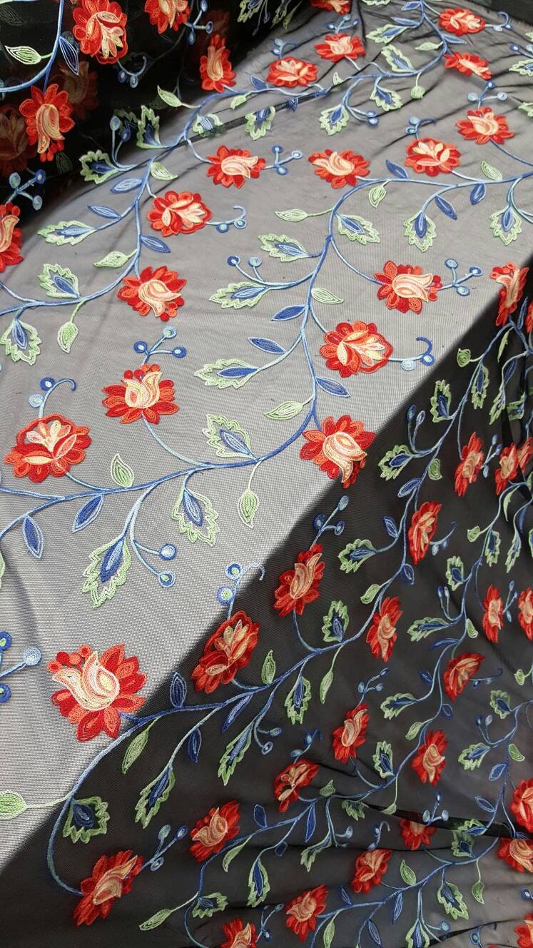 Embroidered Lace Multicolor Floral on Black Mesh