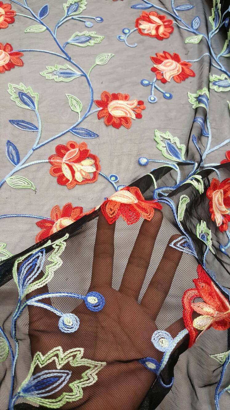 Embroidered Lace Multicolor Floral on Black Mesh