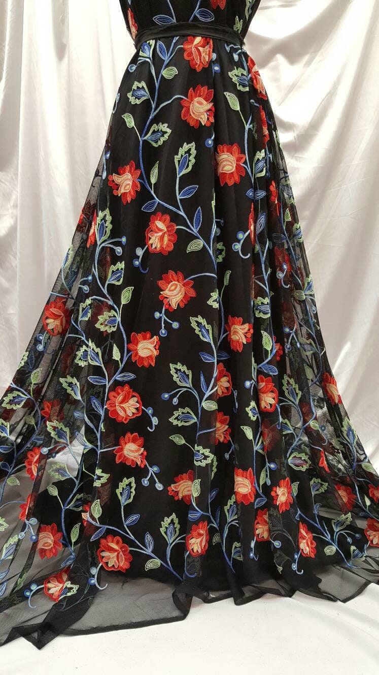 Embroidered Lace Multicolor Floral on Black Mesh