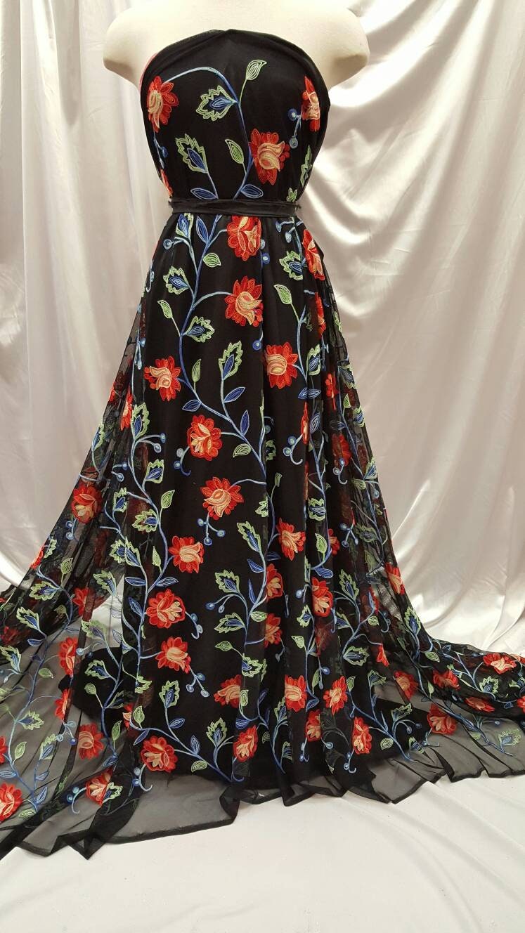 Embroidered Lace Multicolor Floral on Black Mesh