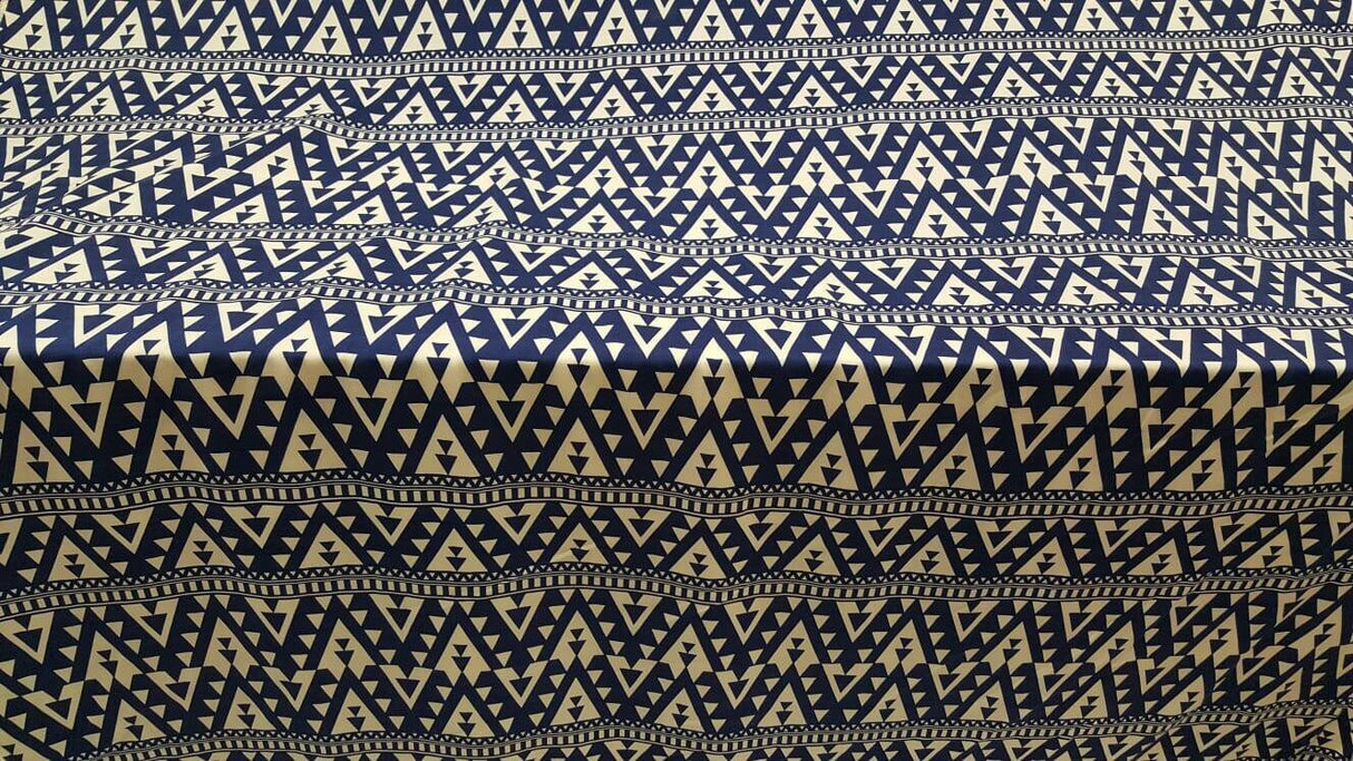 Rayon Challis Geometric White and Blue Fabric
