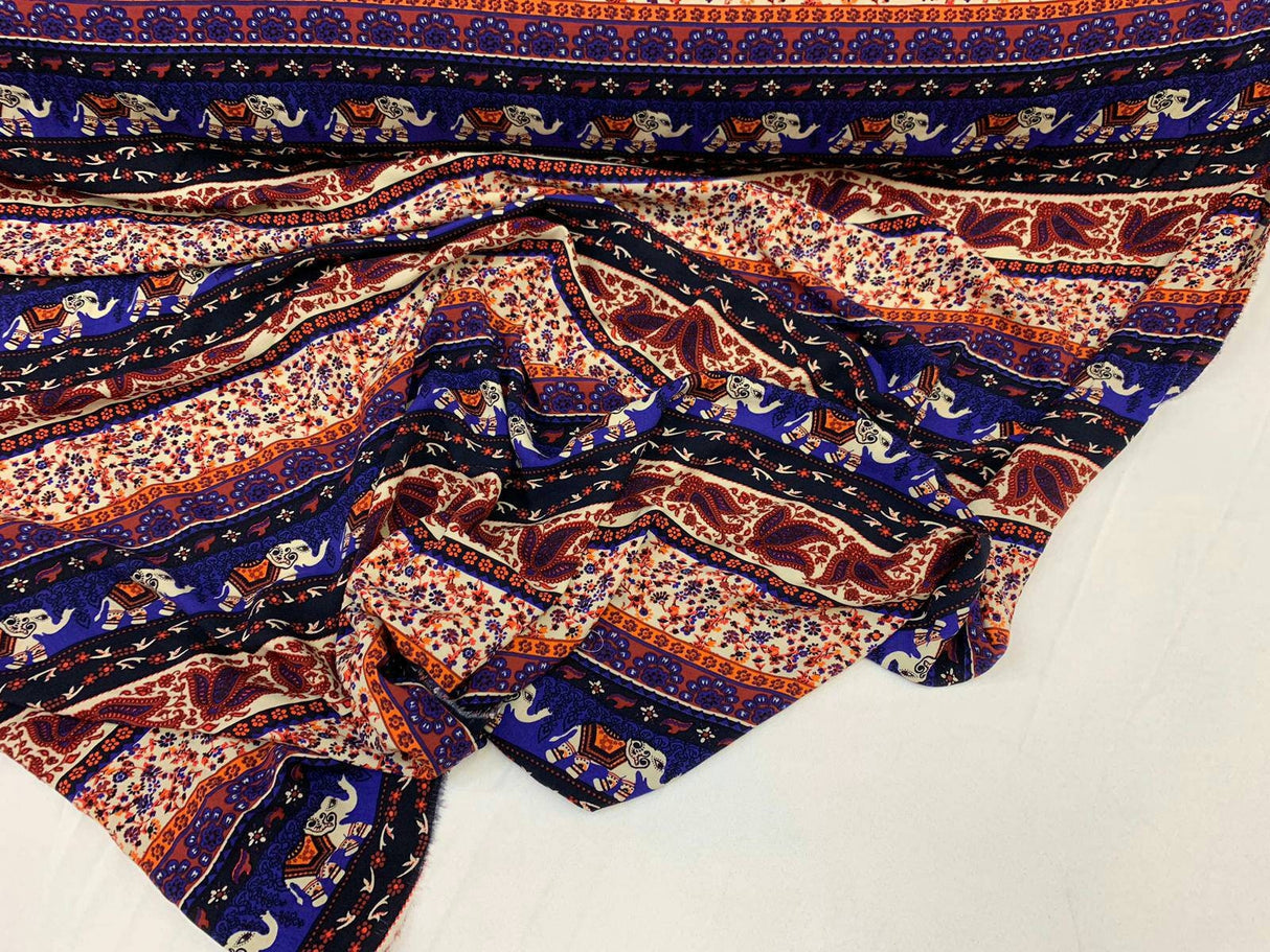 Rayon Challis Elephant Print Royal Blue Orange Multicolor