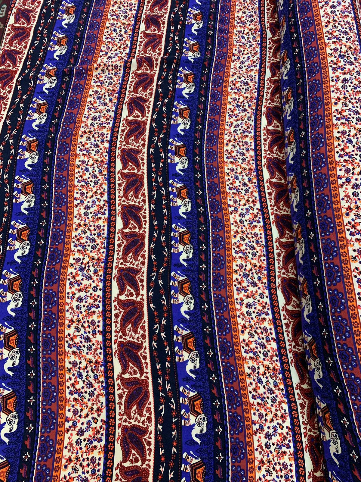 Rayon Challis Elephant Print Royal Blue Orange Multicolor