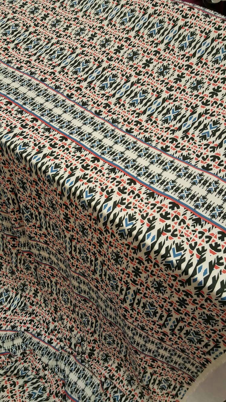 Rayon Challis Geometric Textured Blue Hues