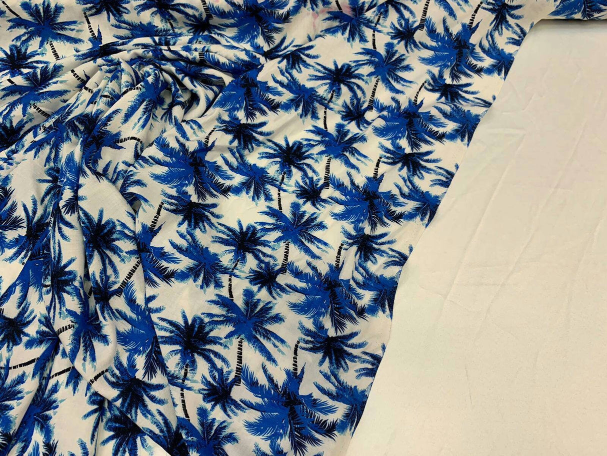 Rayon Challis Tropical Palm Print Blue
