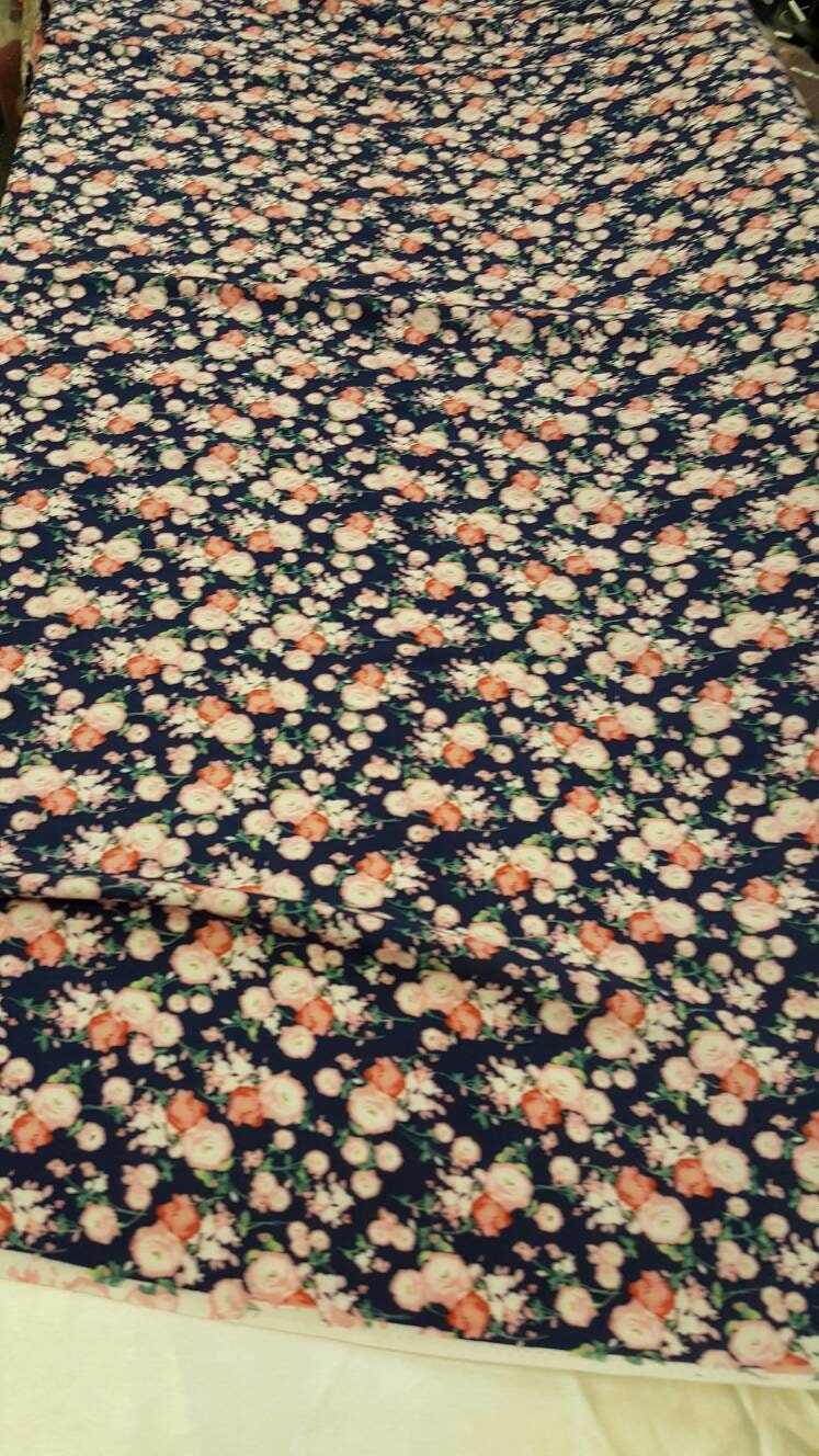 Rayon Challis Floral Print Navy Blue Pink