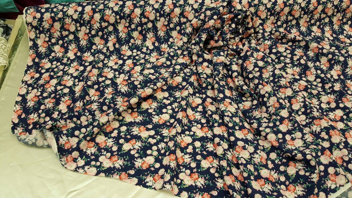 Rayon Challis Floral Print Navy Blue Pink
