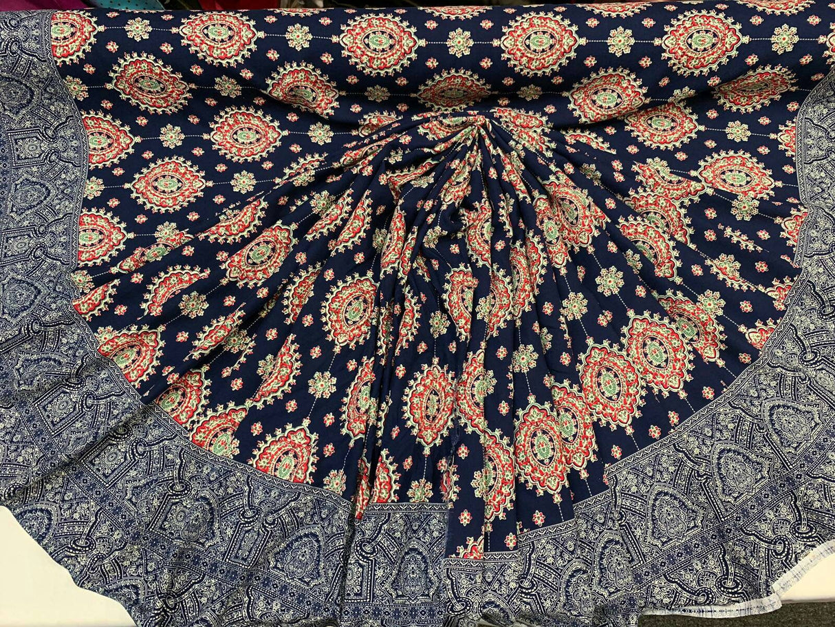 Rayon Challis Two Border Navy Blue Fuchsia Pink