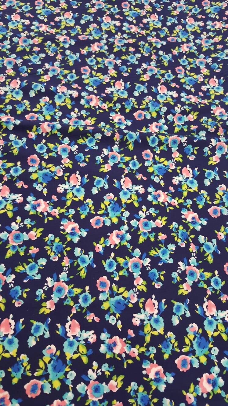 Rayon Challis Floral Print Navy Blue Pink