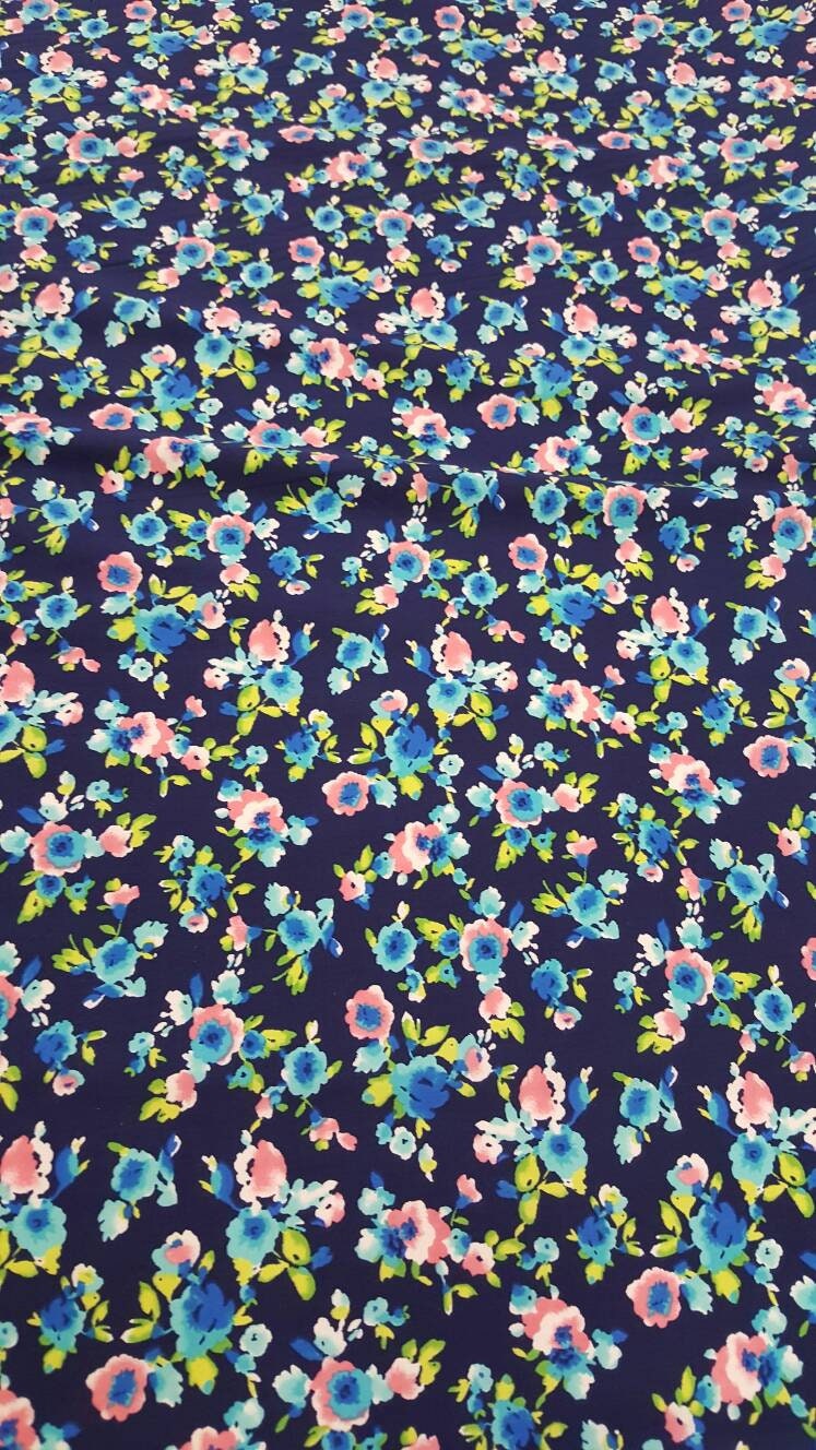 Rayon Challis Floral Print Navy Blue Pink
