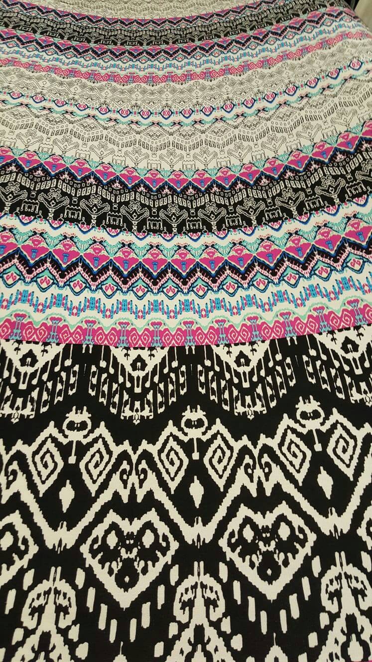 Rayon Challis Multicolor Geometric Pink Black White