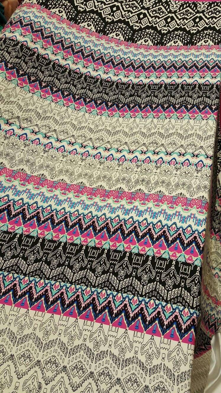 Rayon Challis Multicolor Geometric Pink Black White