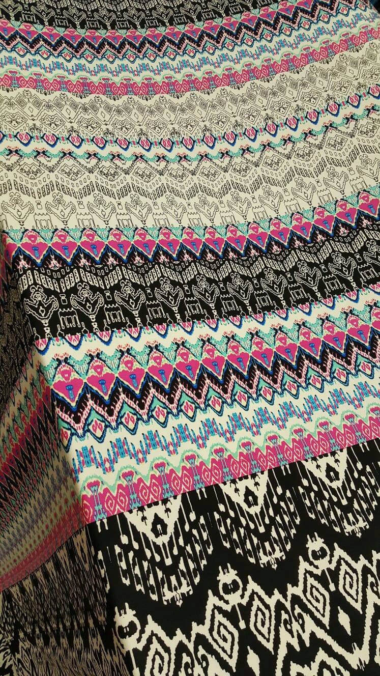 Rayon Challis Multicolor Geometric Pink Black White
