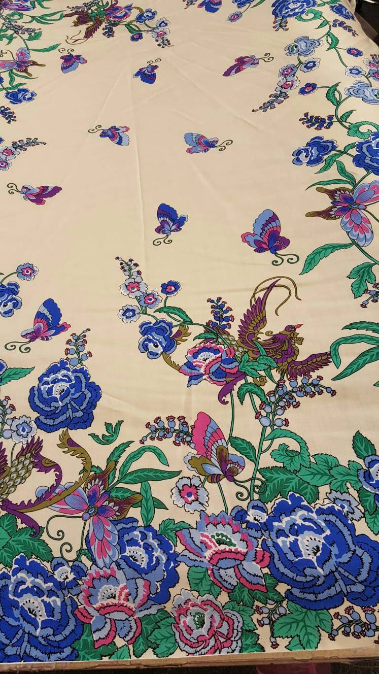 Rayon Challis Floral Butterfly Bird Print