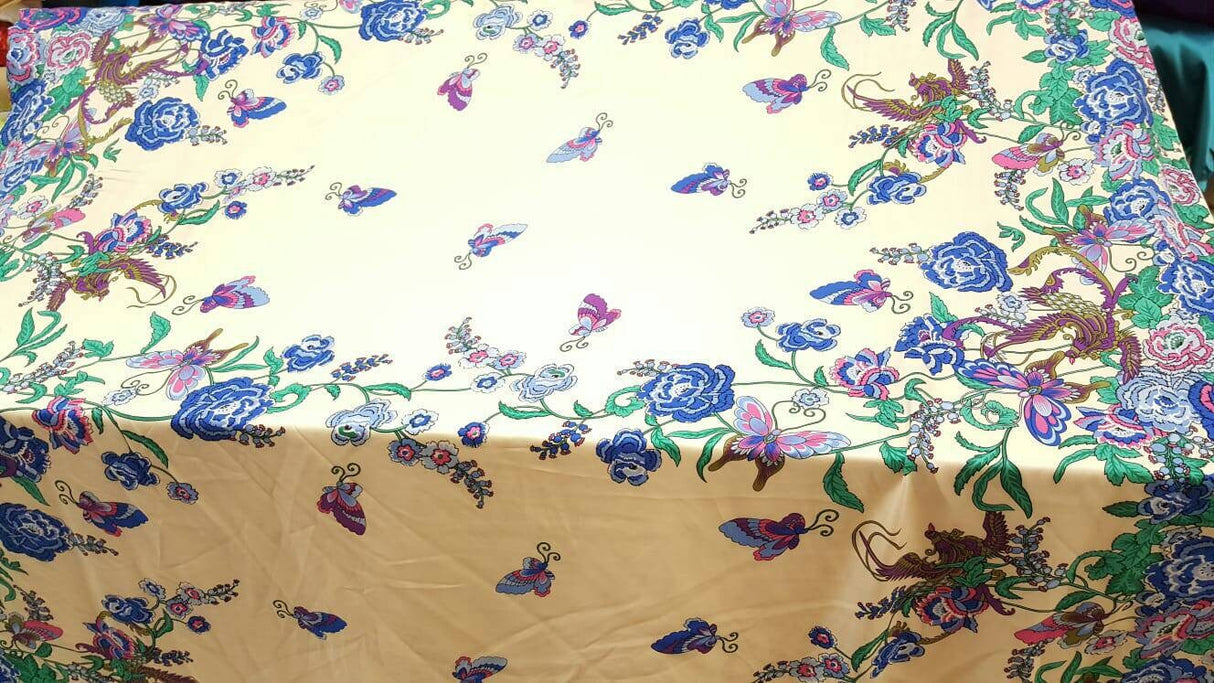 Rayon Challis Floral Butterfly Bird Print