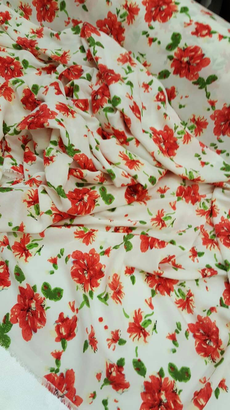 Rayon Challis Red and Green Floral on White