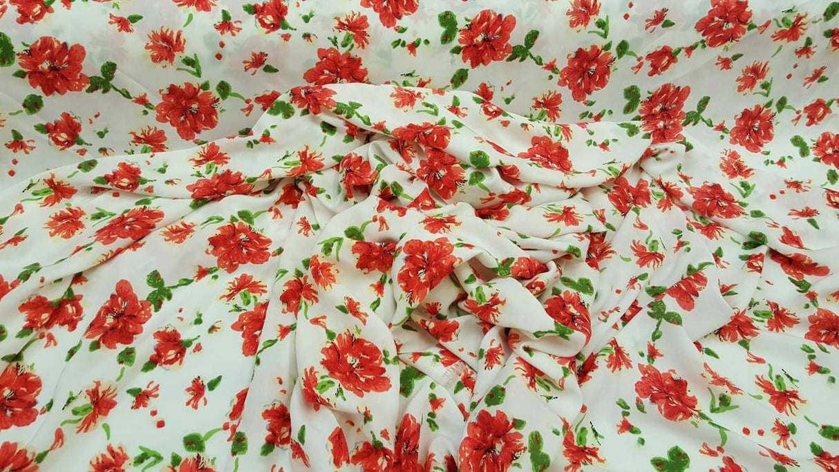 Rayon Challis Red and Green Floral on White