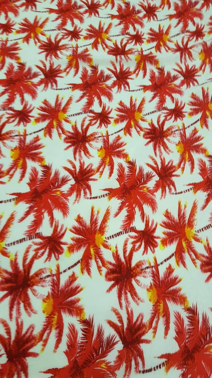 Rayon Challis Red Palm Trees Off White