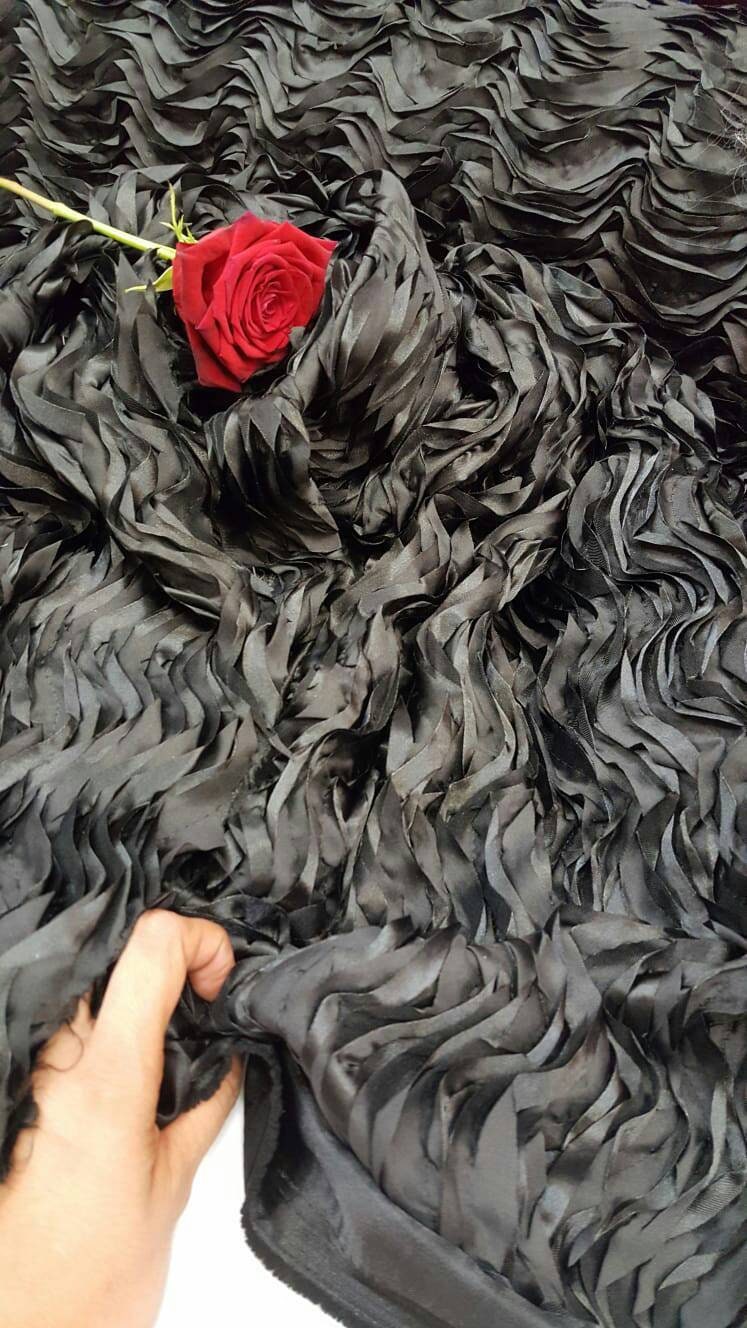 Black Satin Waves Ruffles Fabric