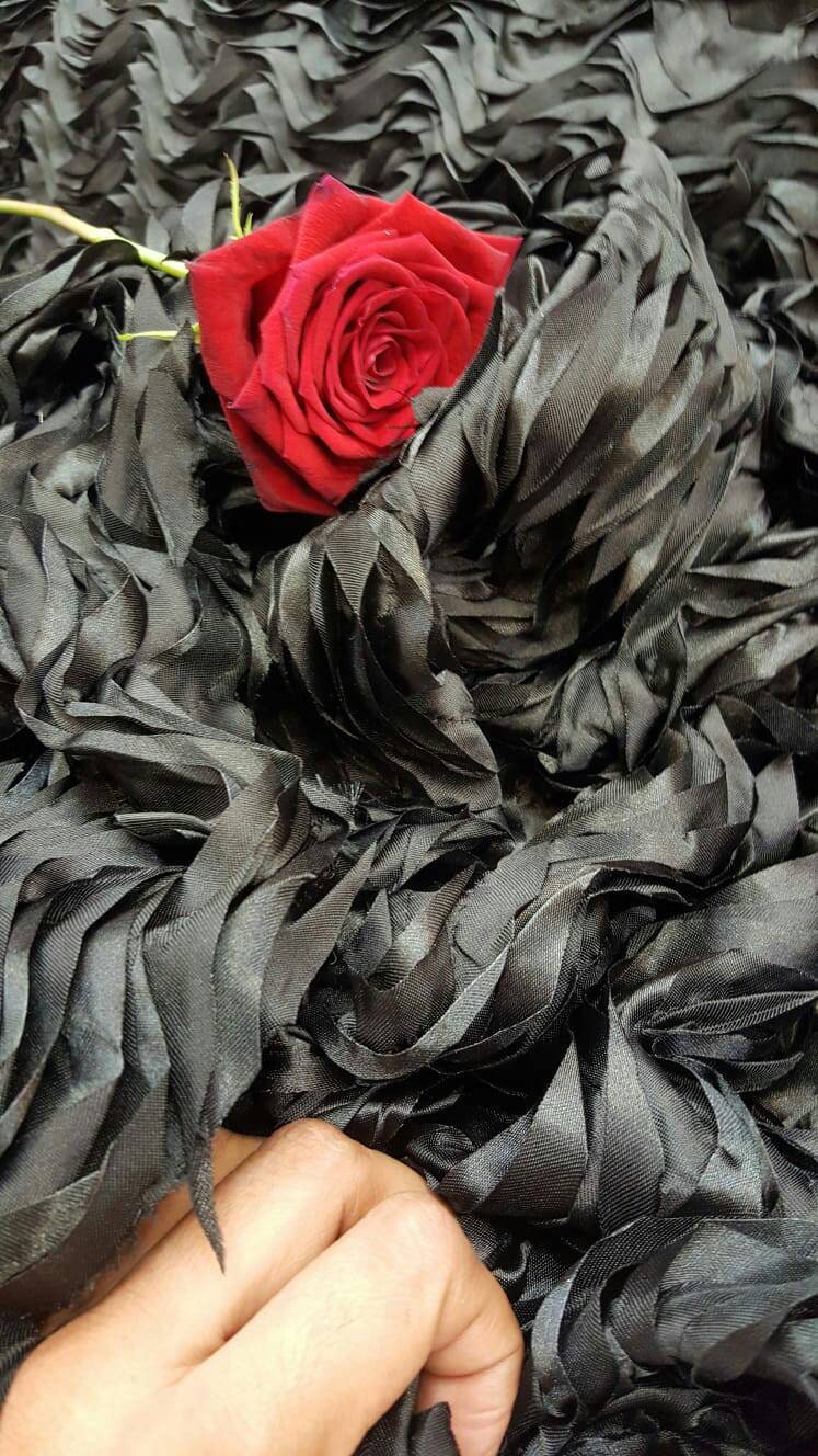 Black Satin Waves Ruffles Fabric