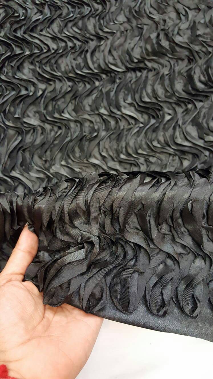Black Satin Waves Ruffles Fabric