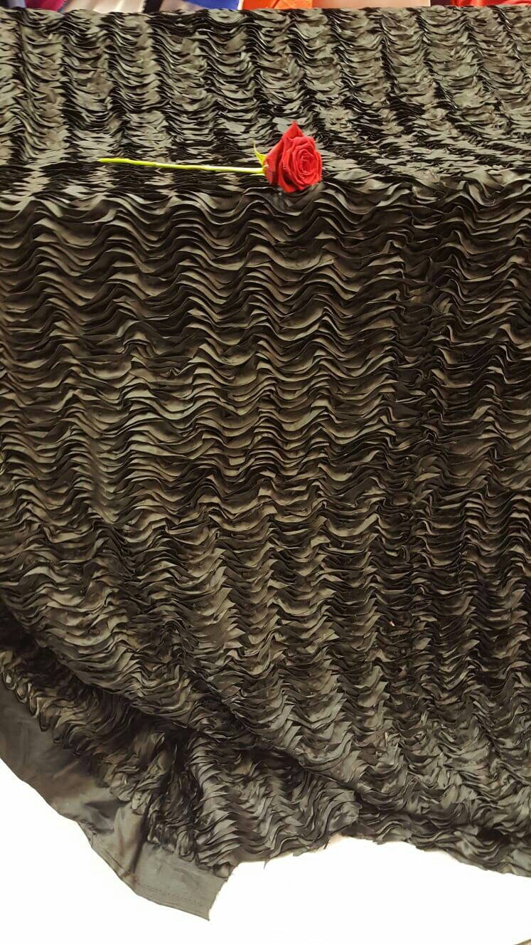 Black Satin Waves Ruffles Fabric