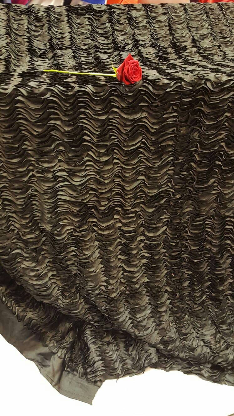 Black Satin Waves Ruffles Fabric