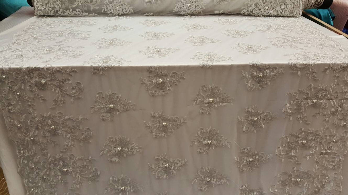 Silver Embroidery Lace with Pearls on Mesh