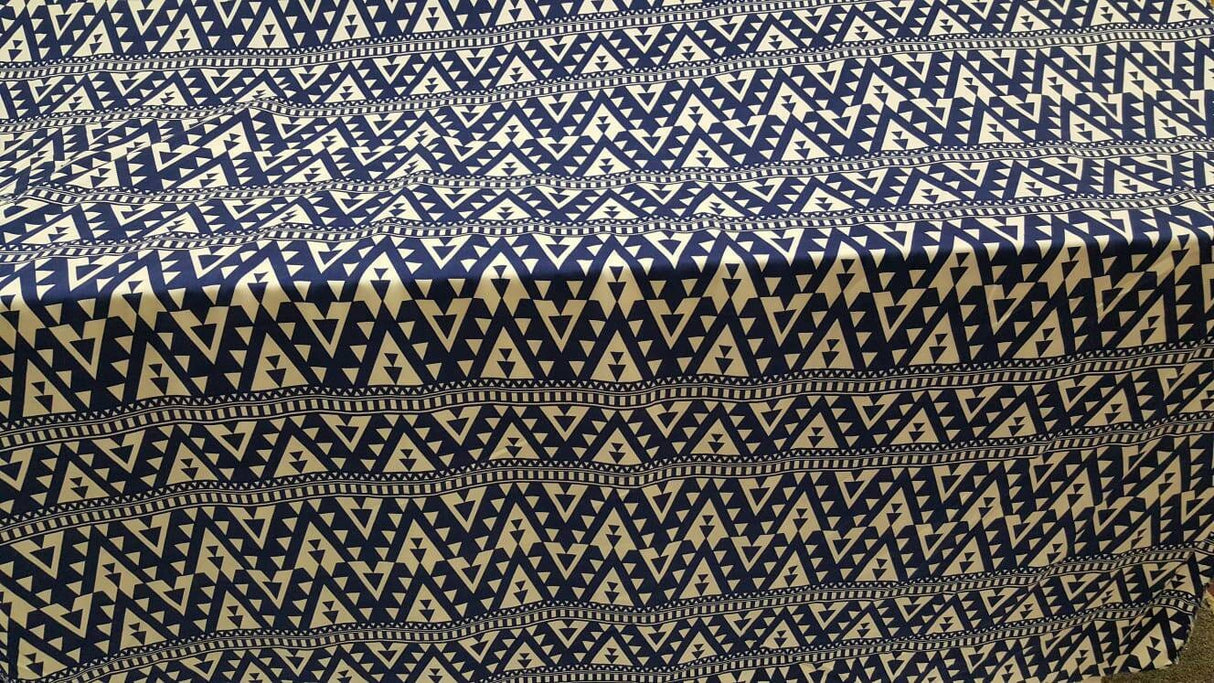 Rayon Challis Geometric White and Blue Fabric