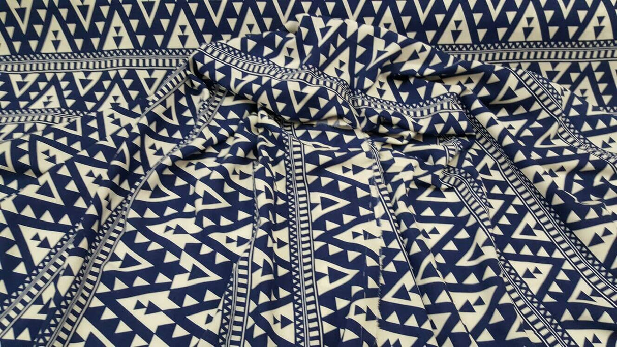 Rayon Challis Geometric White and Blue Fabric
