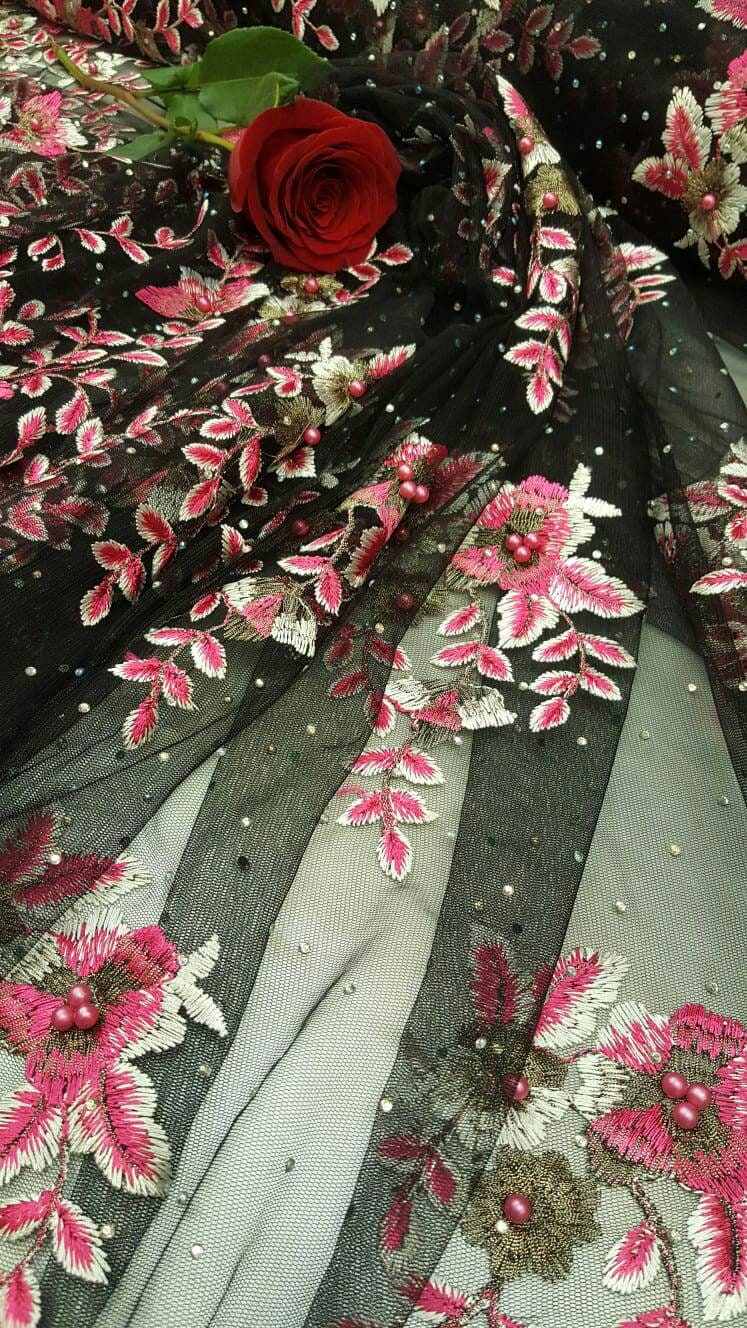 Pink Floral Embroidered Lace on Black Mesh