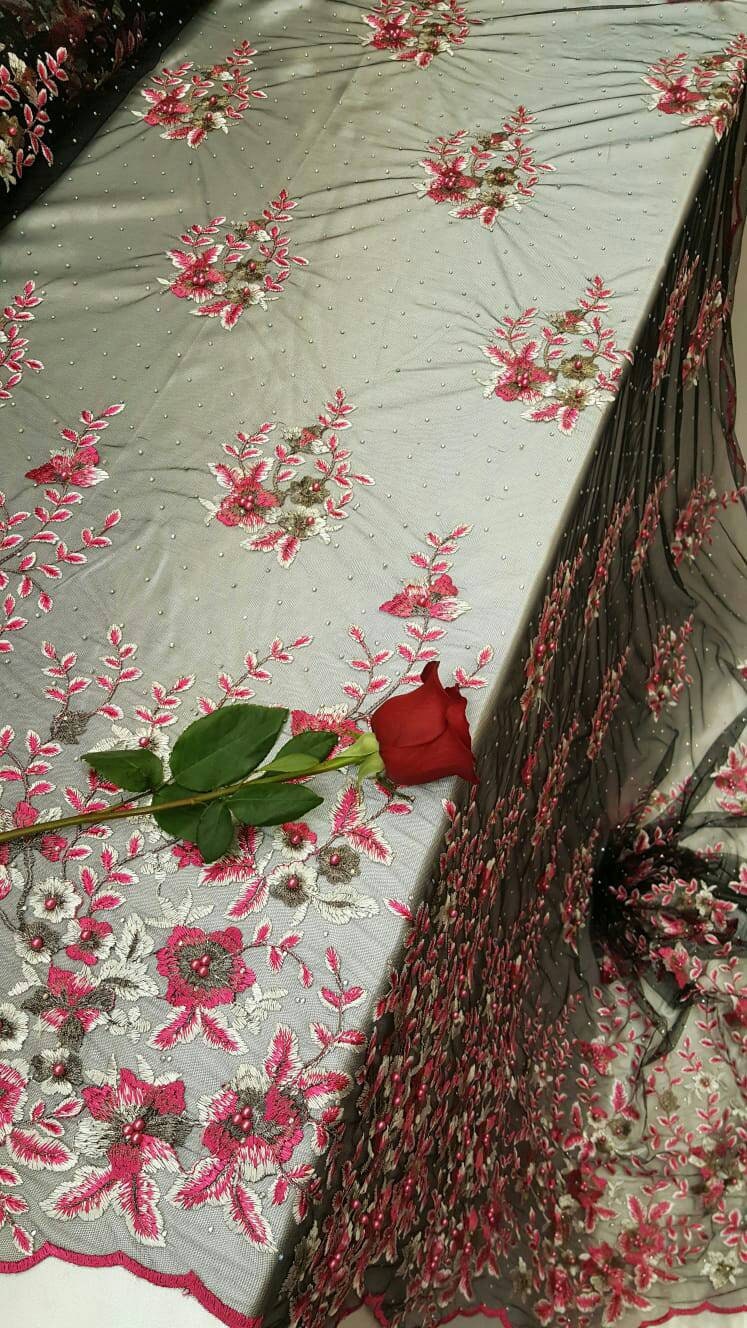 Pink Floral Embroidered Lace on Black Mesh