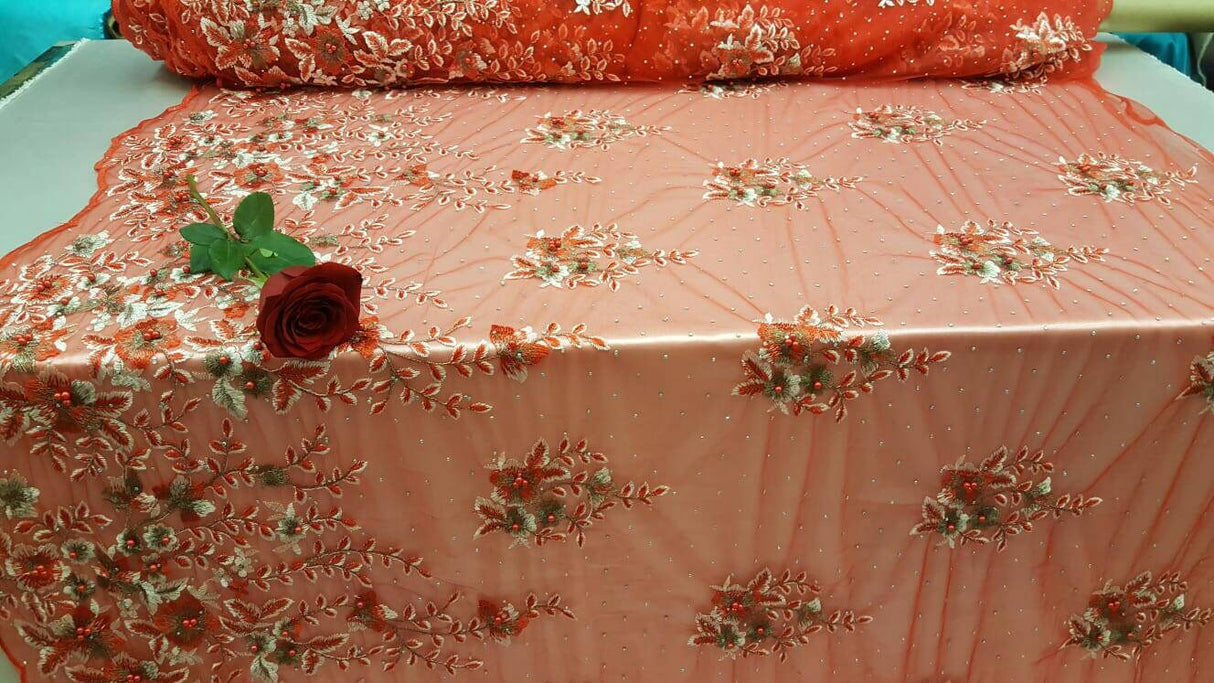 Red Floral Lace on Mesh