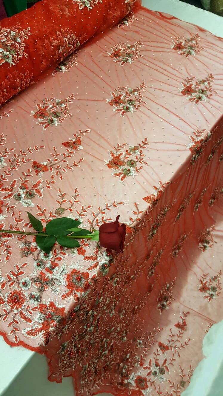 Red Floral Lace on Mesh