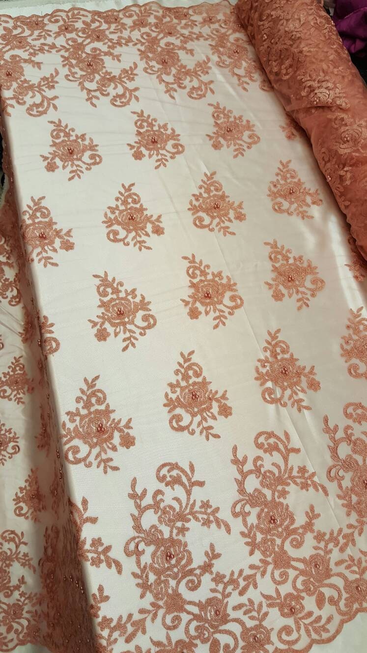 Embroidered Lace Floral Pearls on Mesh Peach
