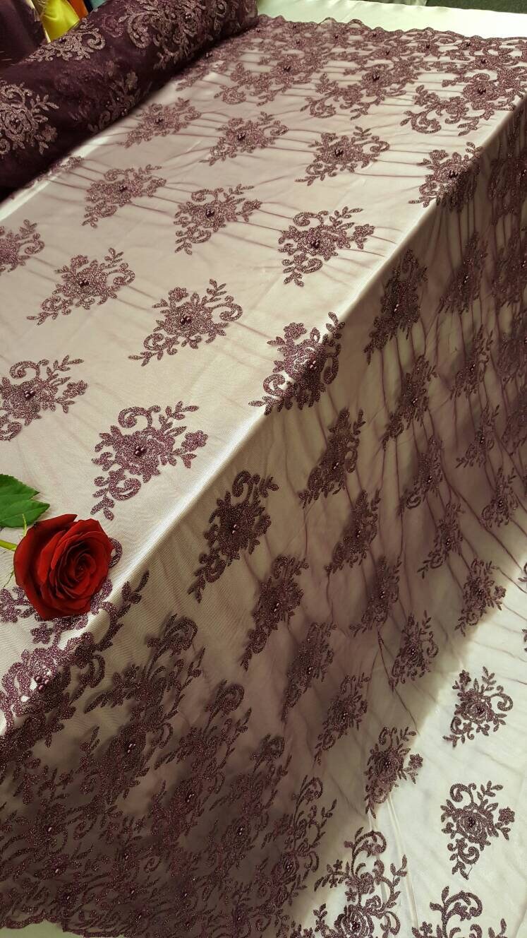 Embroidered Lace on Mesh Eggplant
