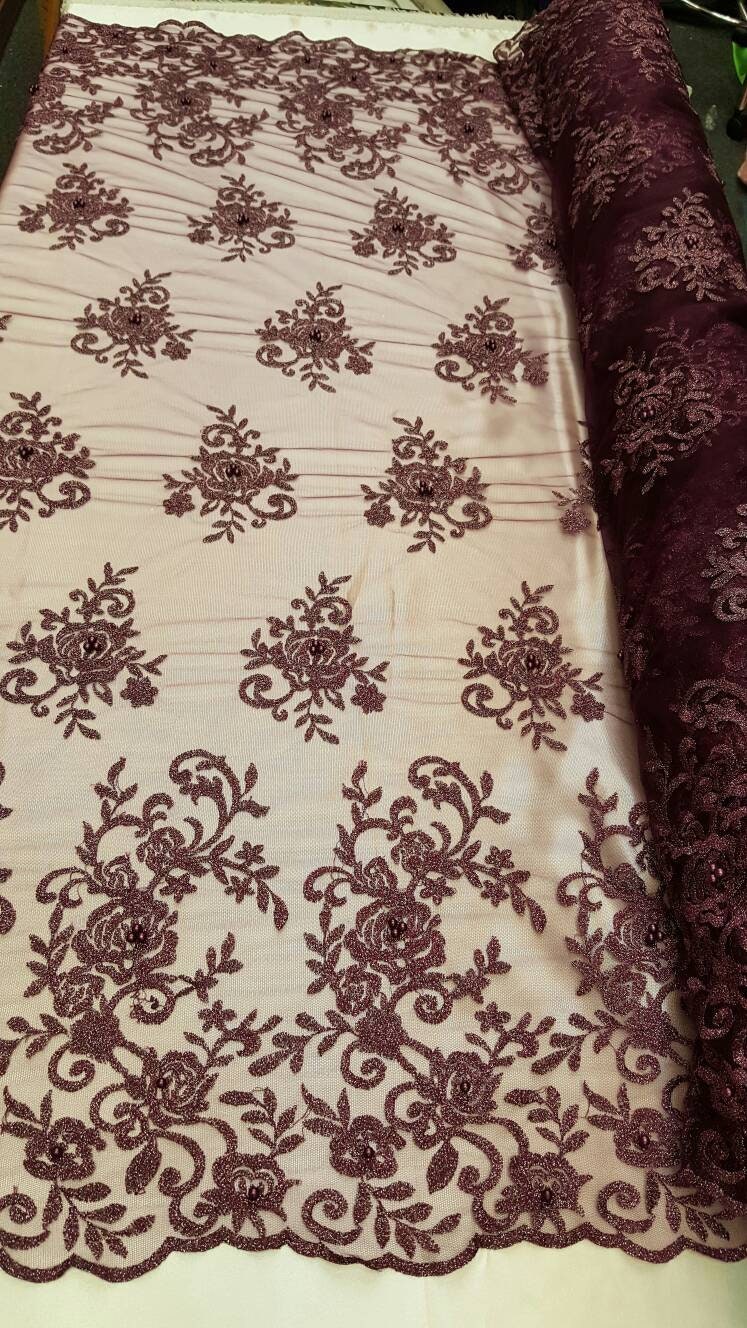 Embroidered Lace on Mesh Eggplant