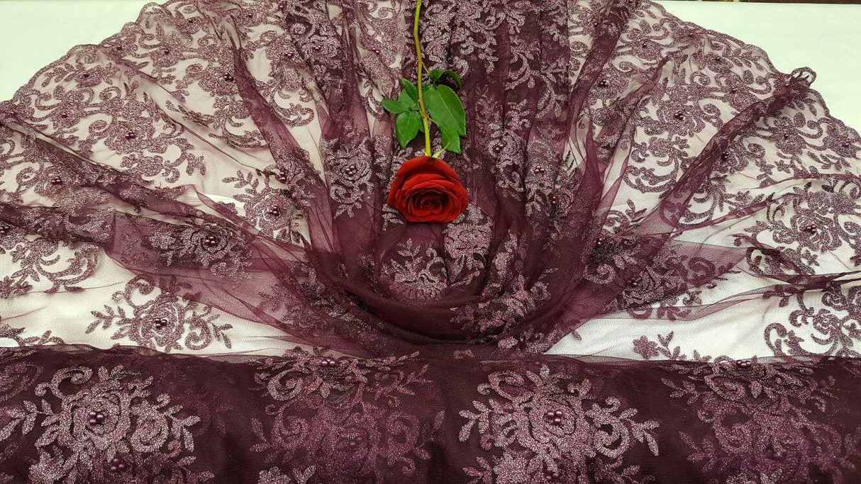 Embroidered Lace on Mesh Eggplant