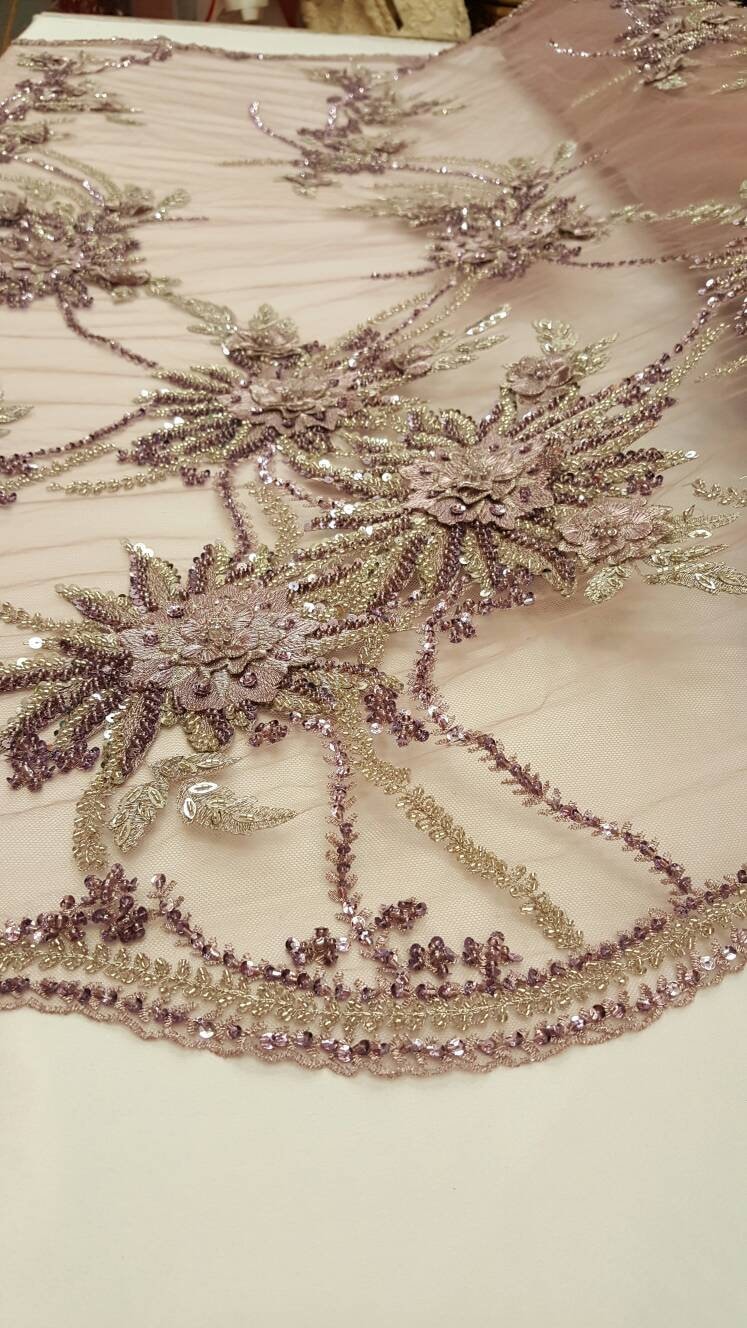 Beaded Bridal Lace Mauve 3D Floral