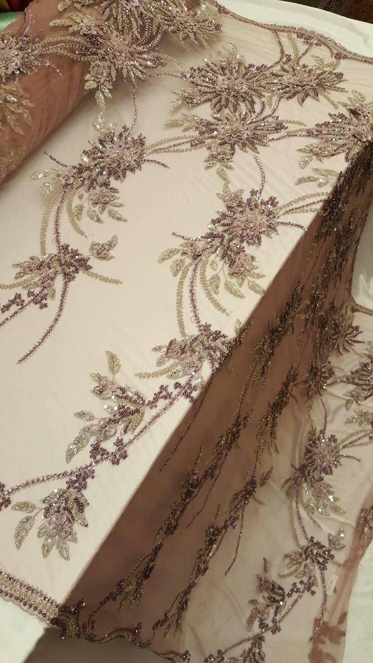 Beaded Bridal Lace Mauve 3D Floral
