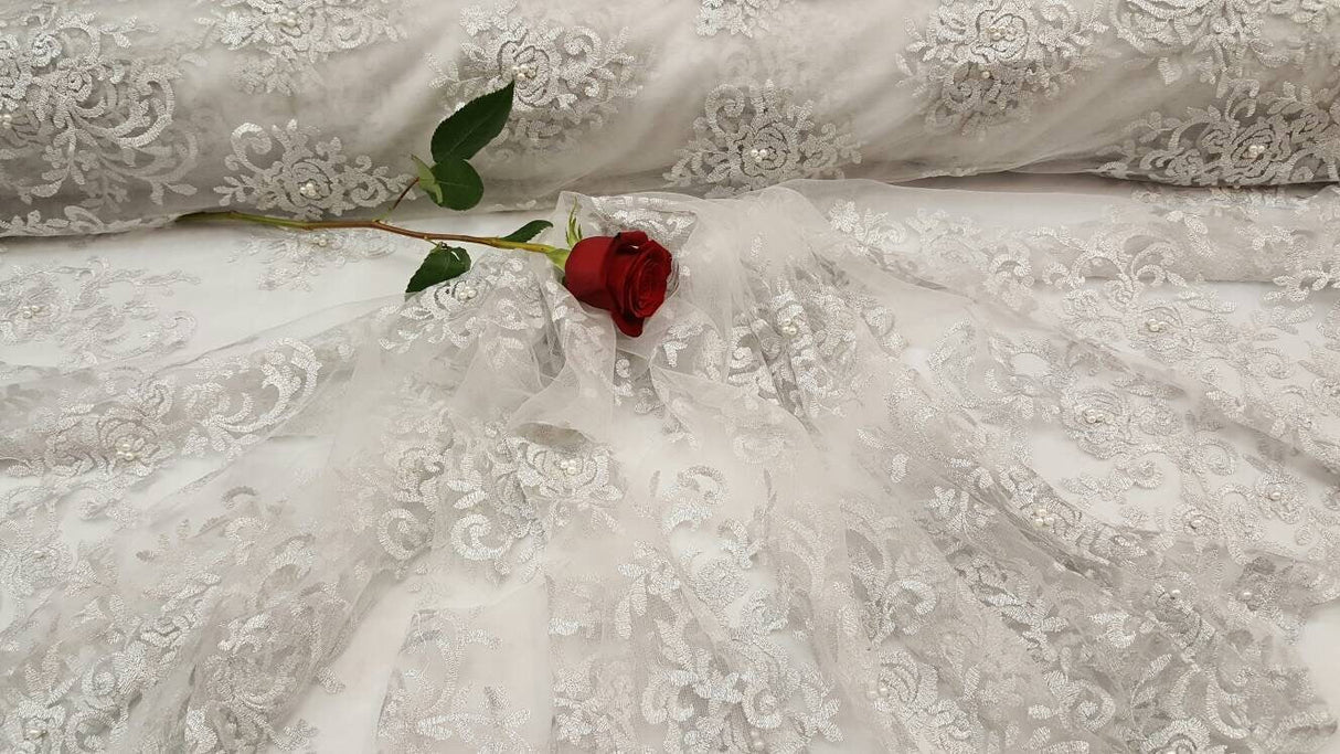 Silver Embroidery Lace with Pearls on Mesh