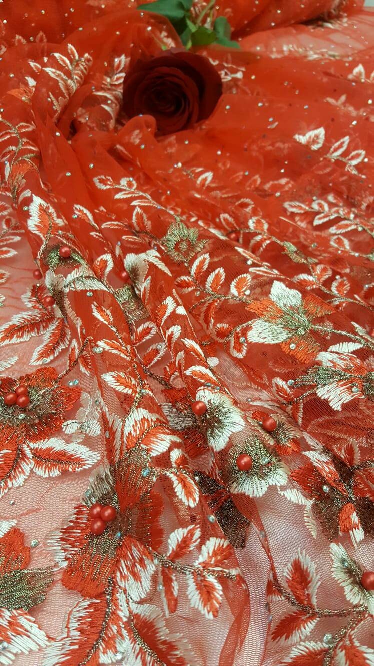 Red Floral Lace on Mesh