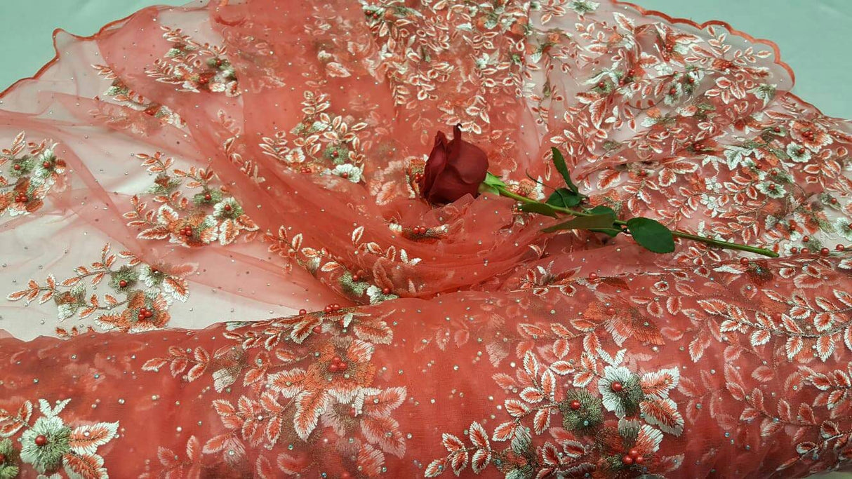 Embroidered Floral Lace Mesh Coral