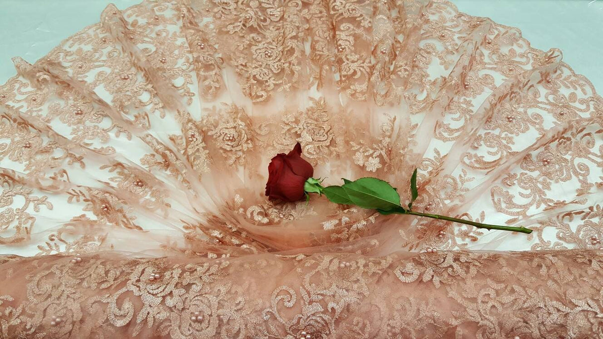 Embroidered Lace Floral Pearls on Mesh Peach
