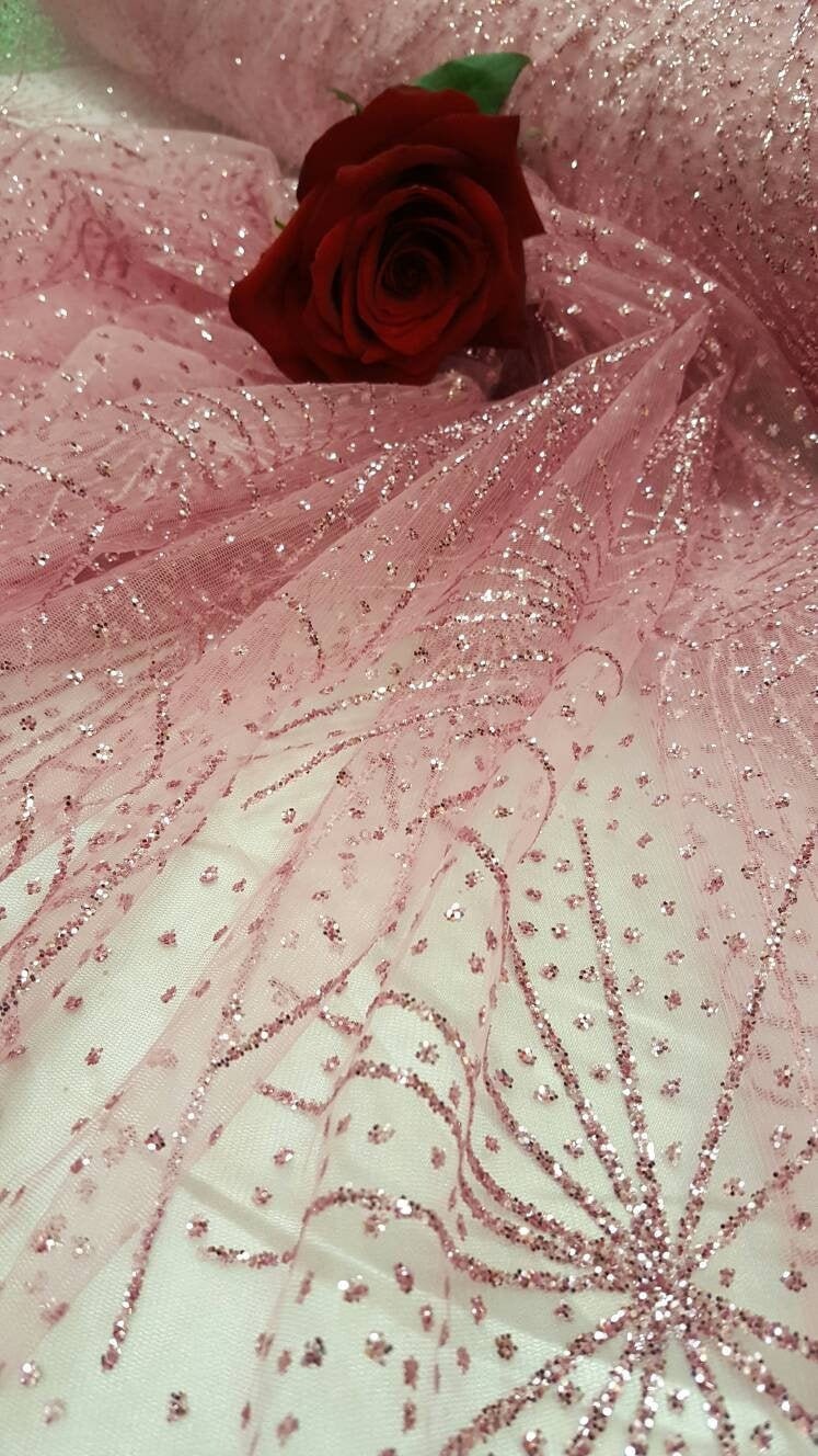 Pink Glitter Lace Stars Fabric