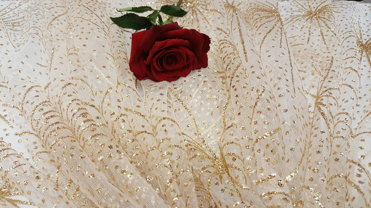 Gold Glitter Lace Stars Fabric