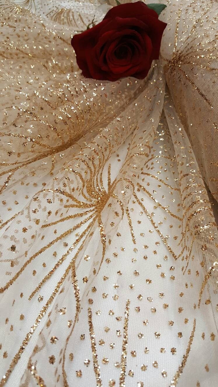 Gold Glitter Lace Stars Fabric